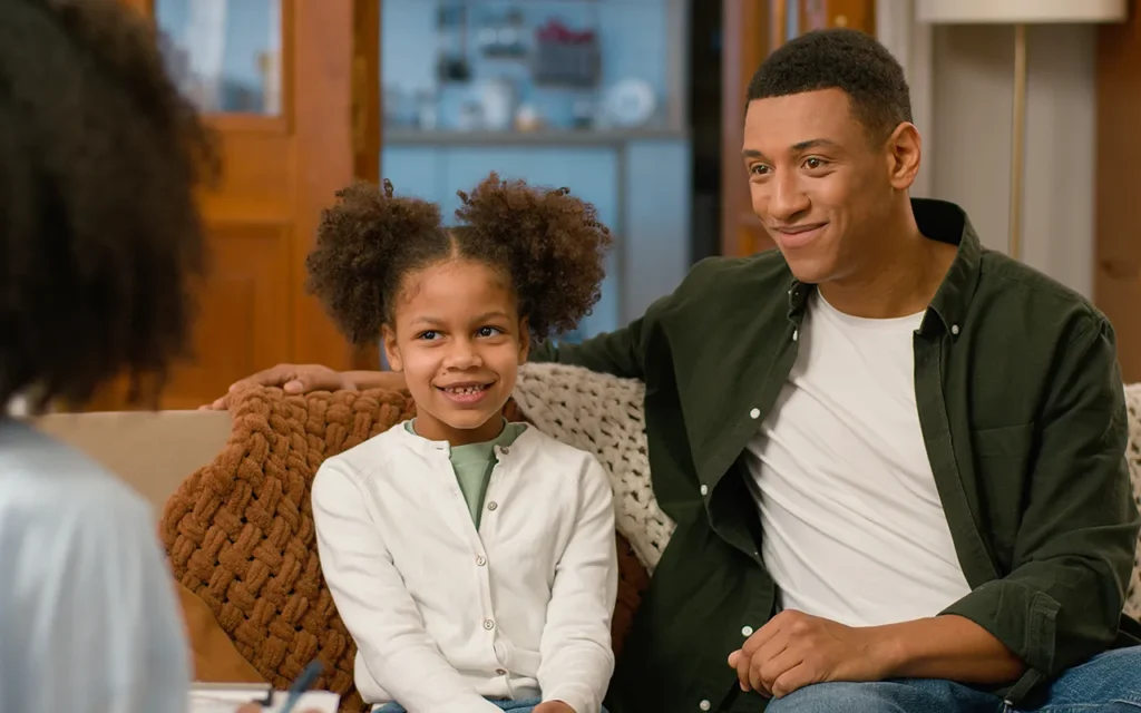 Young man and smiling girl sitting together on couch